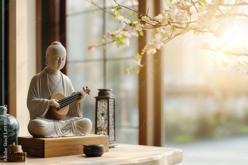 Aufkleber sculpture of a monk playing a string instrument in a serene setting with blooming flowers and soft s