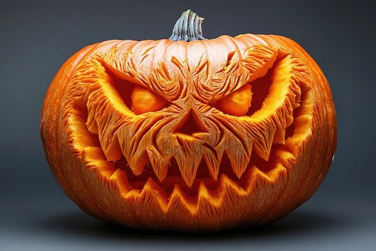 Intricately carved Halloween pumpkin with a menacing, scary face.  Spooky and detailed.