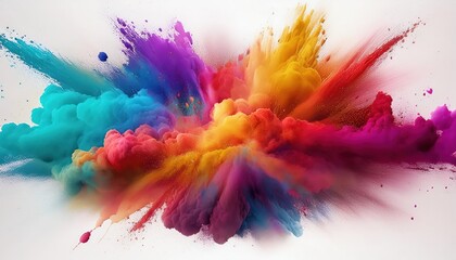 Fototapeta premium Vibrant Holi Celebration A Colorful Powder Explosion Against a White Background, Filled with Playful Colored Clouds and Dust