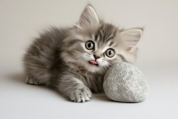Playful gray long haired kitten with striking green eyes on a white table Adorable fluffy cat grooming Blank area for text