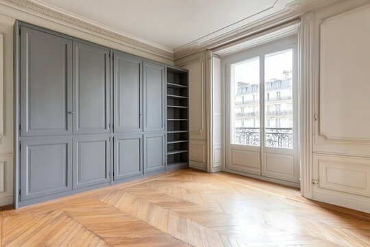 Fototapeta Pleasant space featuring big window wooden floors and gray door wardrobes