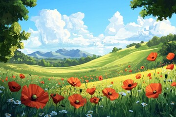 Poppy flowers flourishing in a meadow landscape