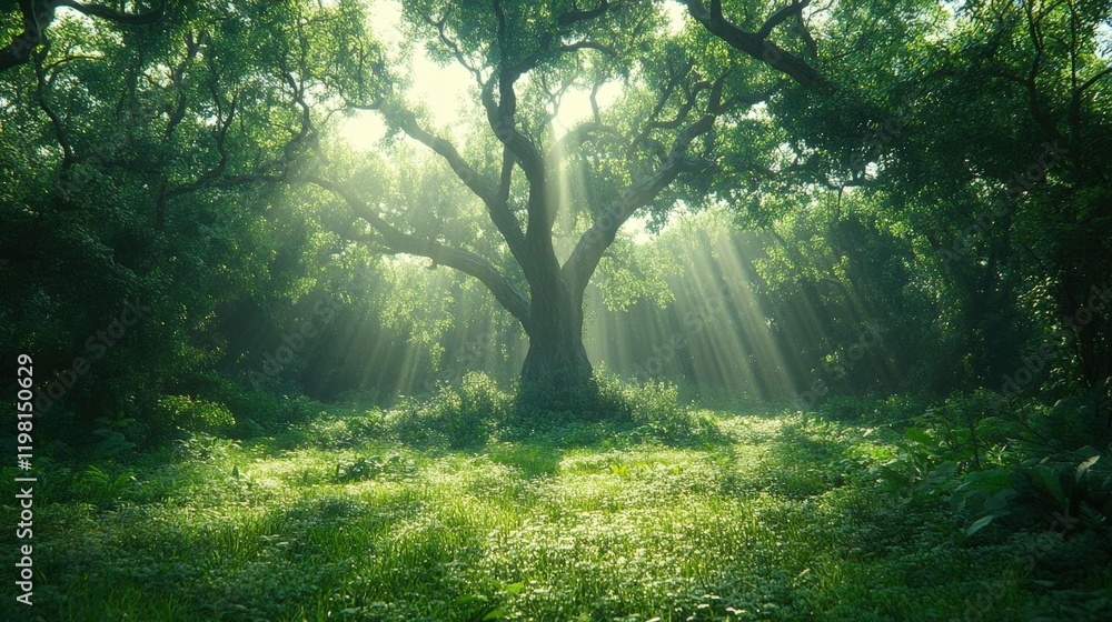 Poster sunbeams filtering through lush forest illuminating ancient tree