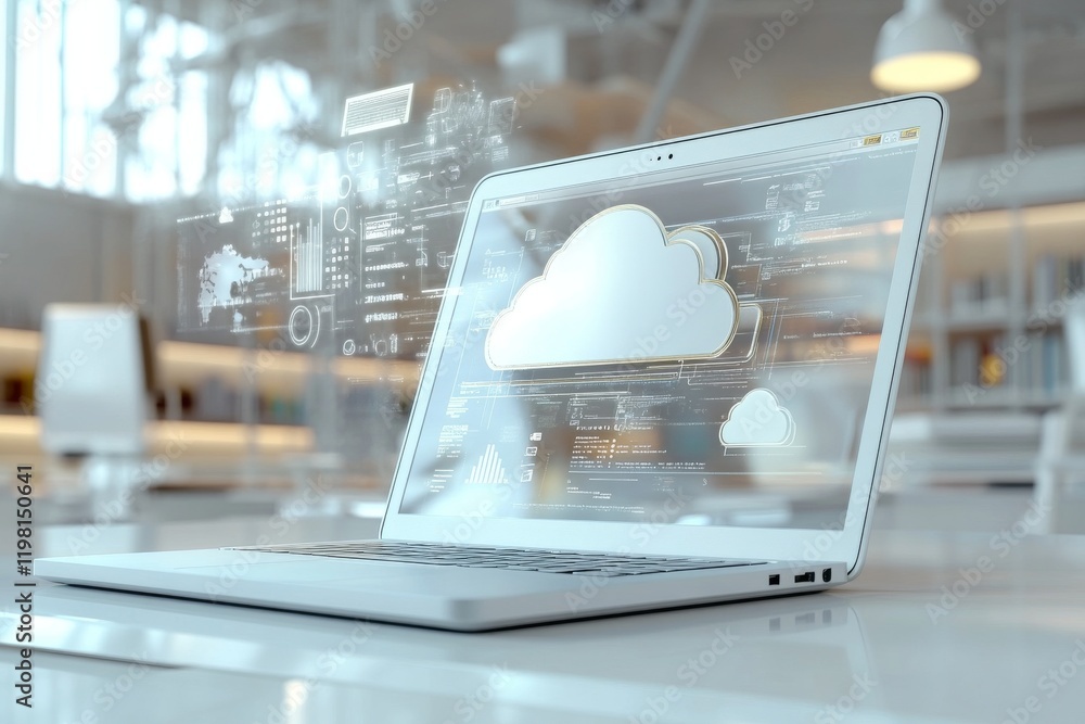 Poster cloud computing and technology in a modern office setting with sleek laptop showcasing digital graph