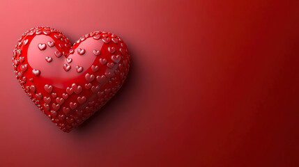 Glossy red heart covered with small embossed hearts on a smooth minimalist red background. Generated with AI.