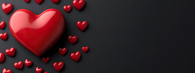 Glossy red heart on a textured black background with scattered small hearts for an elegant design. Generated with AI.