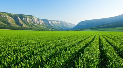 Fototapeta premium Valley meadow and expansive, A lush green field stretches towards majestic mountains under a clear blue sky, showcasing nature's serene beauty.