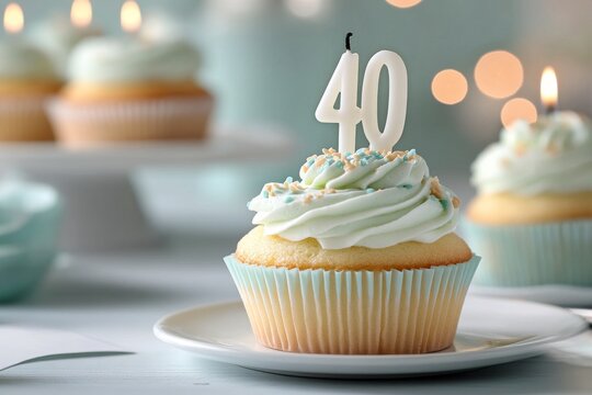 Celebratory cupcake with a candle marking a special 40th birthday milestone during a festive gathering