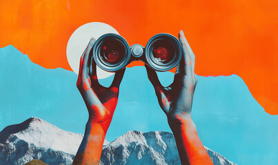 Vibrant landscape with hands holding binoculars against colorful sunset backdrop