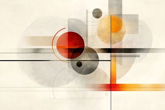 Abstract geometric composition featuring circles, lines, and varied colors in a balanced arrangement