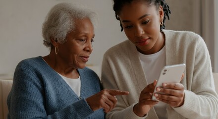 Woman pointing at a phone with a woman looking at it