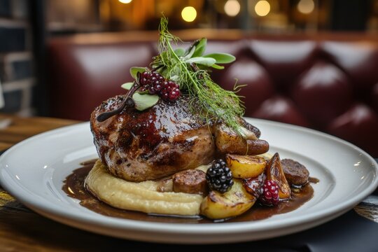 Roasted duck leg parsnip puree spiced pork sausage roasted fennel duck sauce boysenberries