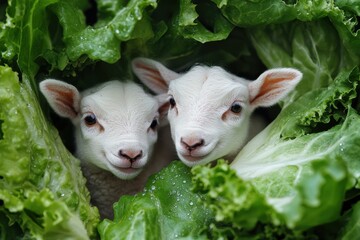 Fototapeta premium Salad leaves with dew covered vegetables and lamb