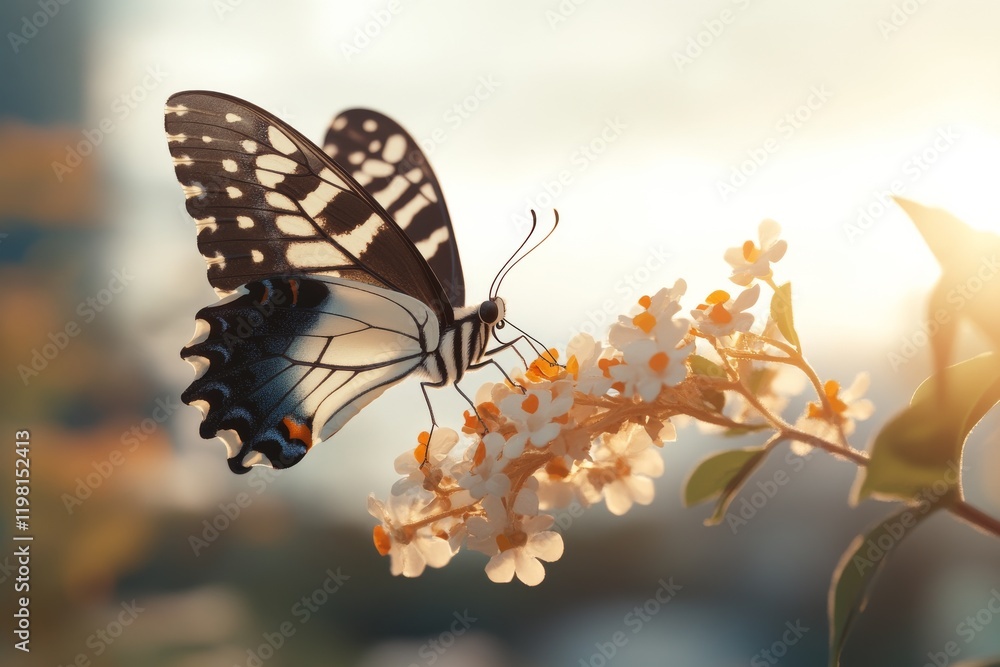 Wall mural Butterfly resting on blooming flowers during sunset in a tranquil garden setting