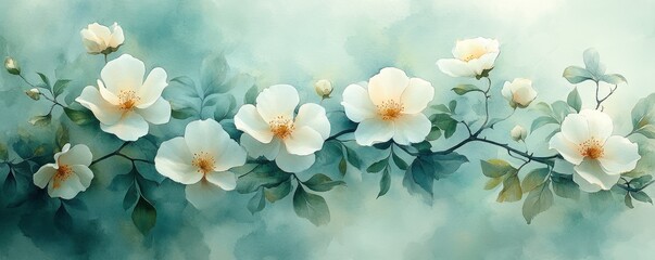 Watercolor Floral Illustration Bouquet White Flowers Green Leaves Peony Rose Eucalyptus Botanical Art Wedding Stationery Background