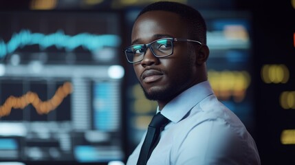 Obraz premium Kenyan Male Forex Trader Middle Shot with Screen Graph Background