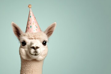 Happy llama celebrating birthday with festive hat and cheerful expression against light blue background