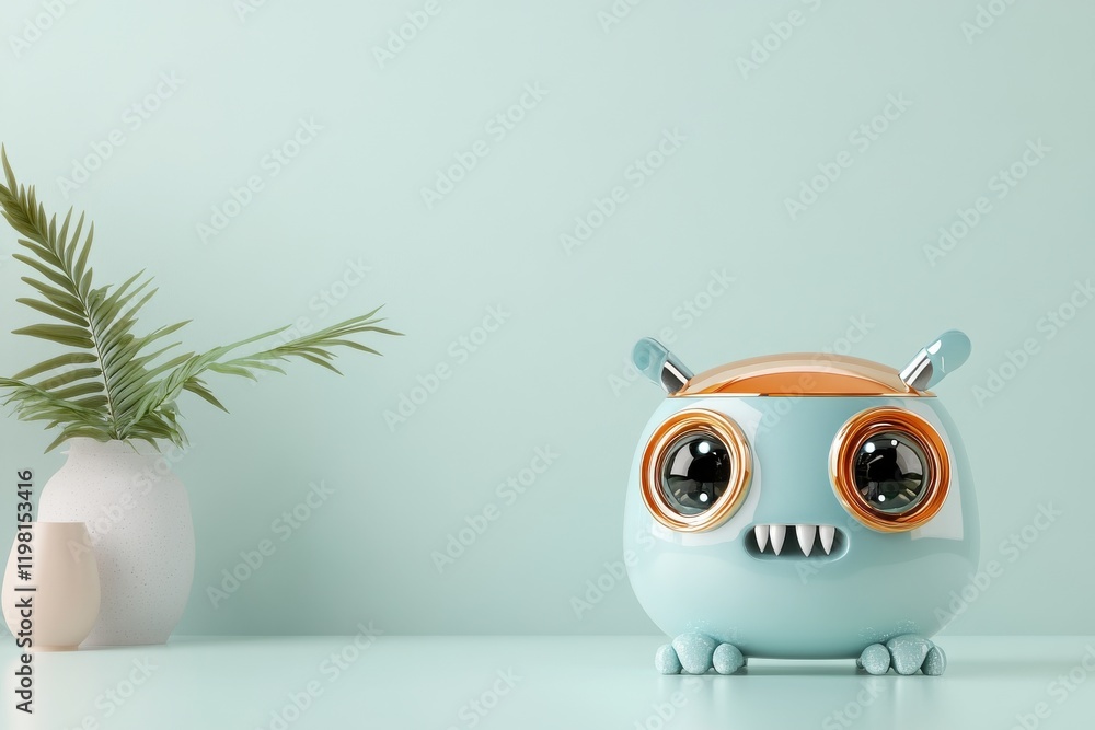 Poster cute turquoise container with large eyes and playful design sitting on a minimalist table against a 