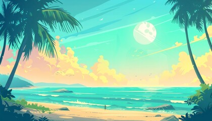 A vibrant tropical beach scene with palm trees, clear blue ocean, and a setting sun.