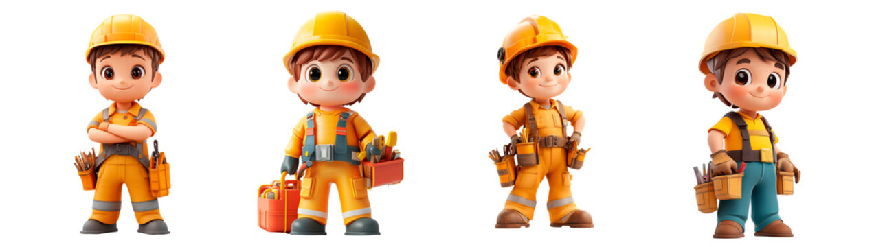 Set of 3d character human construction work on transparent background, PNG