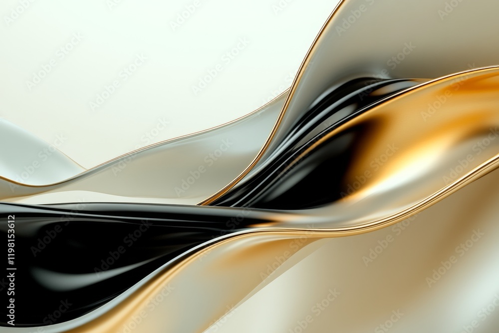 Poster abstract wave pattern showcasing fluid shapes in gold, black, and silver tones creating a harmonious