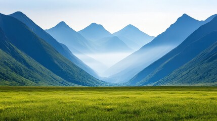 Valley meadow and expansive, A serene landscape featuring majestic mountains, lush green valleys, and soft mist, creating a peaceful and picturesque natural scene.