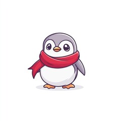 Obraz premium Cartoon penguin with a red scarf, centered, on plain white background, for use as a greeting card