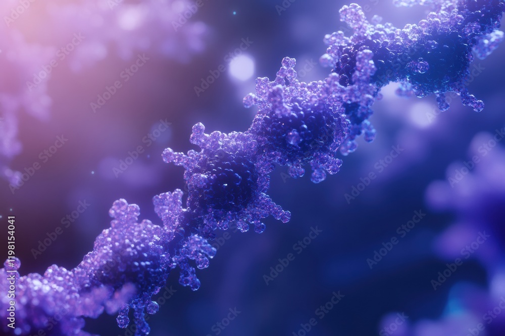 Poster Close up view of molecular RNA chain surrounded by viruses highlighting interaction at the microscopic level. Generative AI