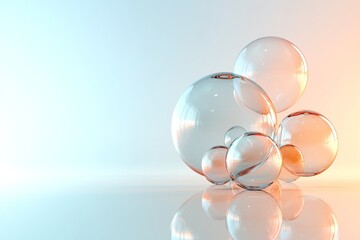 Unique arrangement of transparent glass spheres reflecting light against a soft gradient background