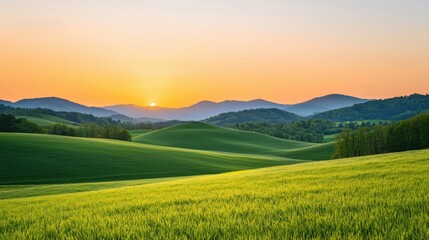 Fototapeta premium Valley meadow and expansive, A serene landscape showcasing rolling green hills under a colorful sunset, with mountains in the background and a peaceful sky.