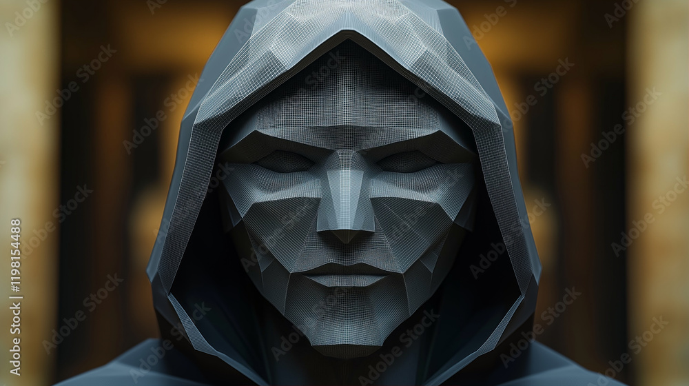 Poster hooded figure 3d model in low poly style with geometric design and abstract background