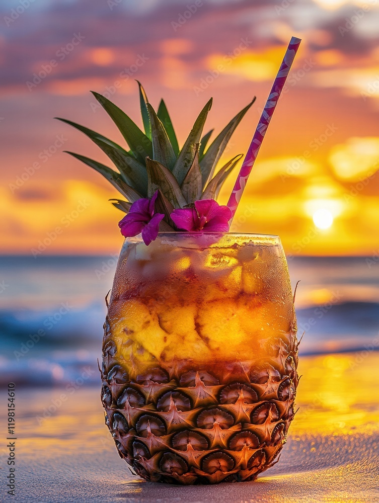 Poster refreshing tropical drink served in a pineapple at sunset by the beach with colorful sky and waves. 