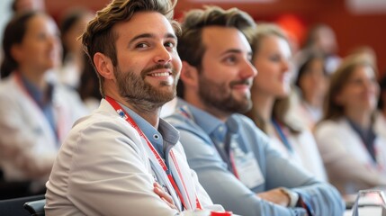 A group of healthcare professionals attentively participating in an engaging medical conference, showcasing collaboration and knowledge sharing in a modern educational environment