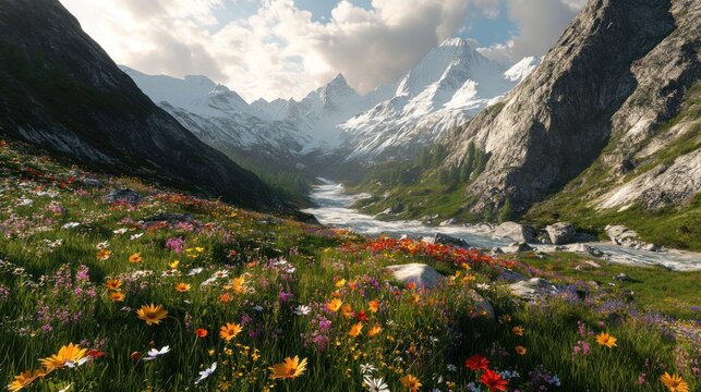 A serene mountain valley with a vibrant meadow in bloom and a clear stream flowing through it