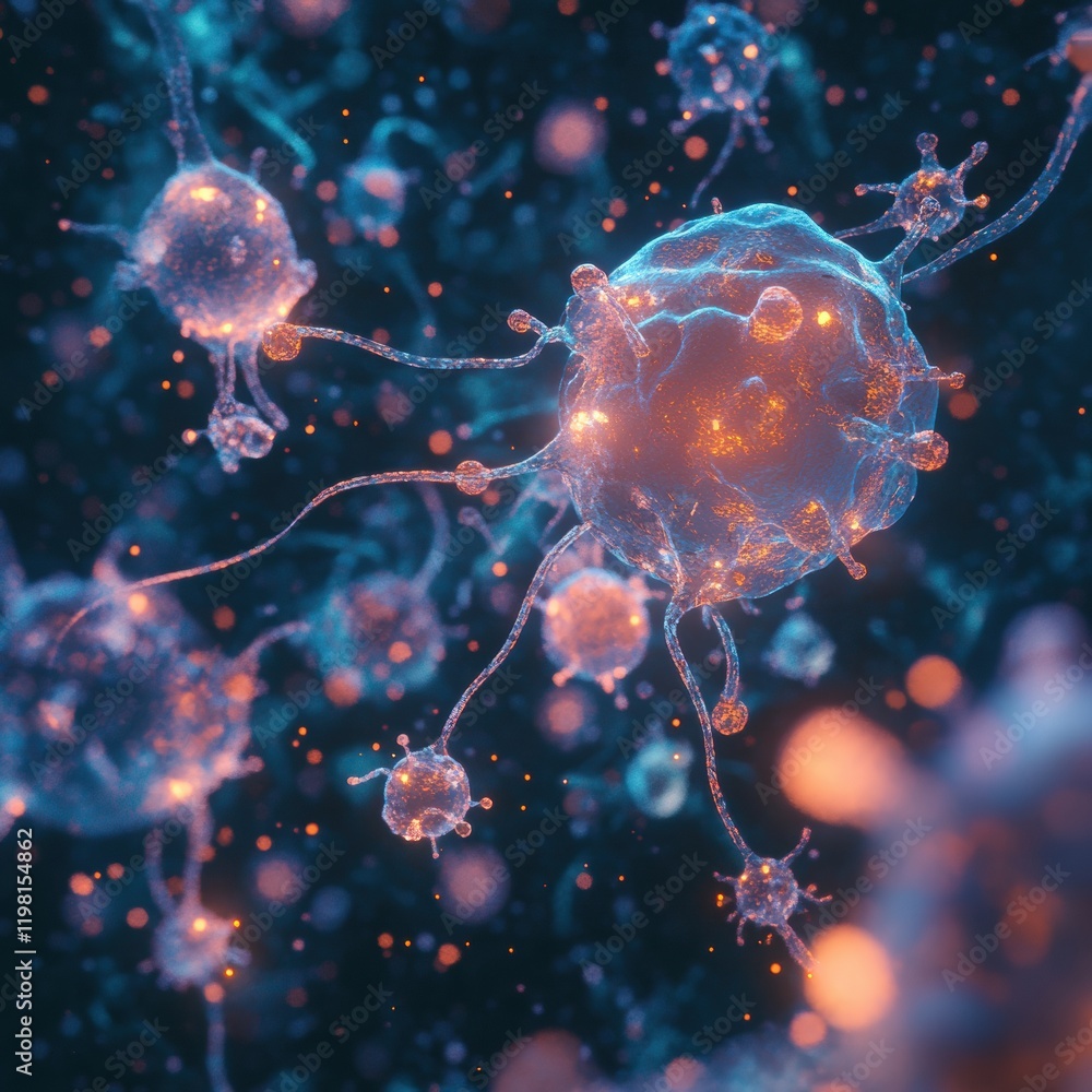 Poster 3d render showcasing vibrant microscopic life forms in an abstract environment filled with dynamic c