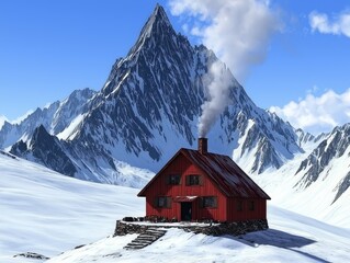 Cozy cabin in snowy mountains winter landscape scenic view quiet environment tranquility and beauty