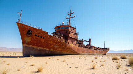 A large, rusted shipwreck resting on a barren, sandy landscape under a clear blue sky 