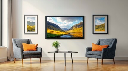  Cozy living room with framed landscapes, modern armchairs, and bright decor for contemporary home inspiration