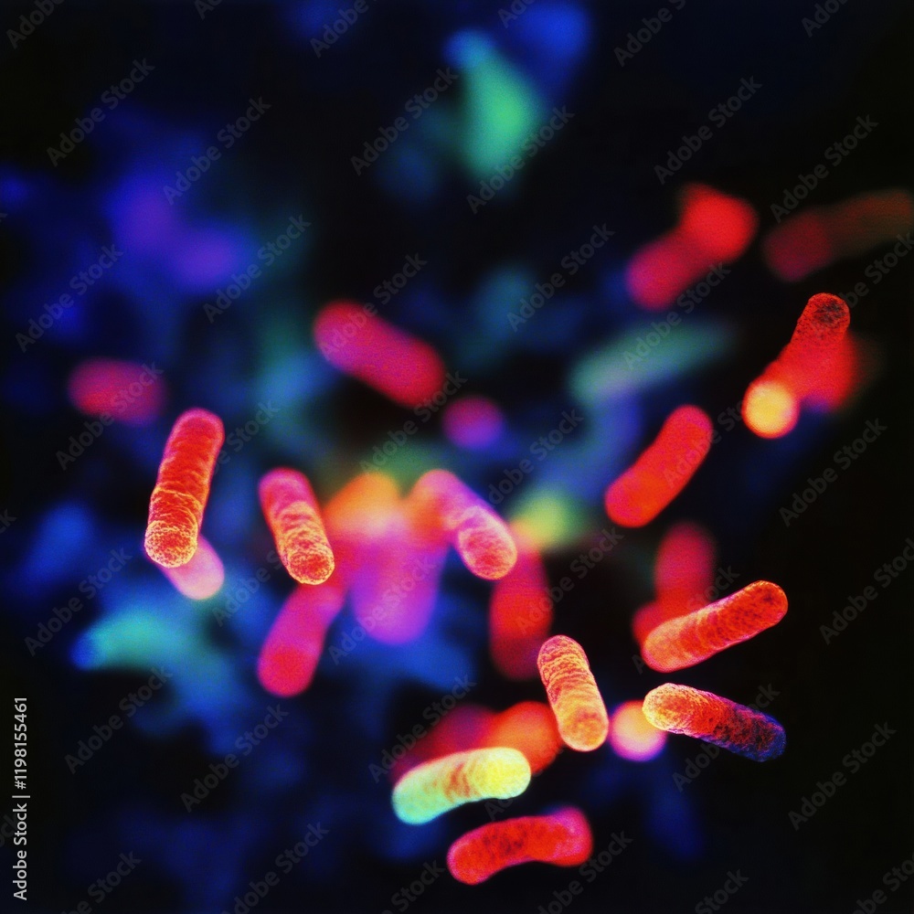 Fototapete Abstract visualization of antibiotics interacting with bacteria under microscope revealing vibrant colors and intricate details. Generative AI