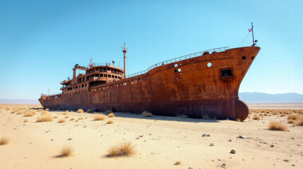 Fototapeta premium A large, rusted shipwreck resting on a barren, sandy landscape under a clear blue sky 