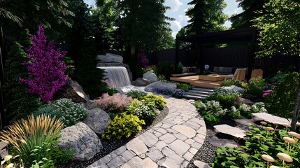 Naklejka premium Backyard oasis waterfall garden design rendering