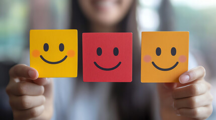 Happy faces expressing emotions through colorful smiley cards for feedback and engagement