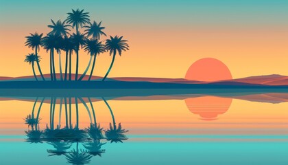 A serene sunset over a calm lake with palm trees silhouetted against the horizon. The setting sun casts a warm glow on the water, reflecting the silhouette of the trees.