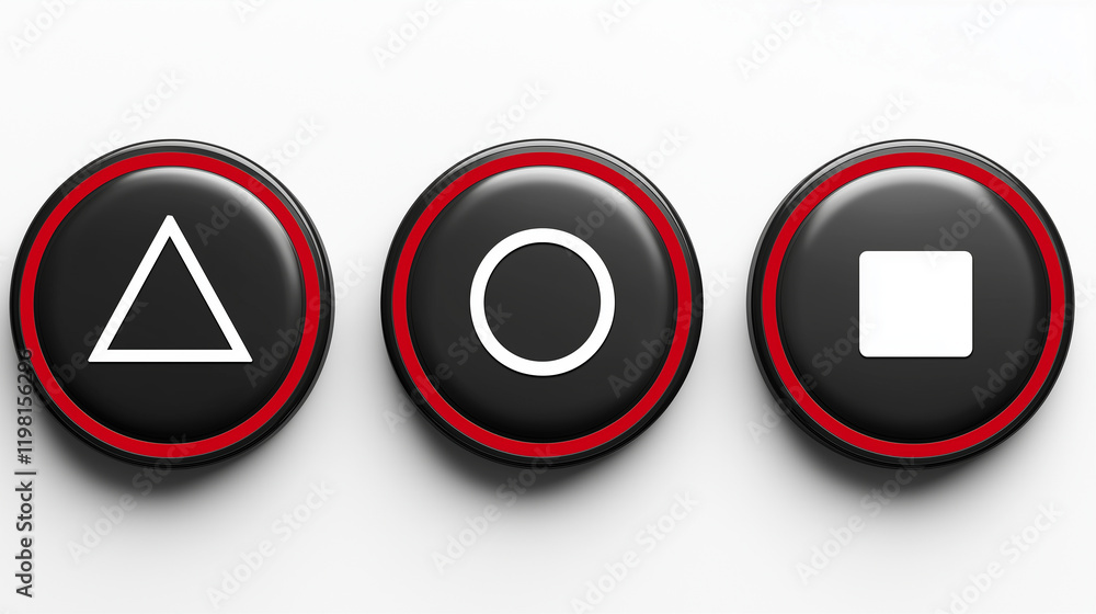 Poster buttons with icon design in graphic format showcasing triangle circle and square shapes
