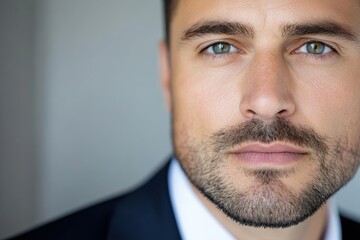 Obraz premium A detailed close-up of a man in a suit showcases strong facial features and an intense gaze, embodying confidence and determination.