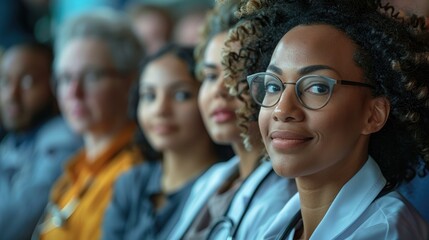 Fototapeta premium A confident and diverse group of people at an event, confidently representing unity, community, and diversity with focus on one person in a lively, professional environment