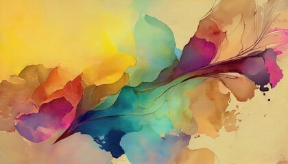 Vibrant Watercolor Abstract on Textured YellowBrown Paper, Featuring Colorful Shapes and Forms in an Expressive, Artistic Mood