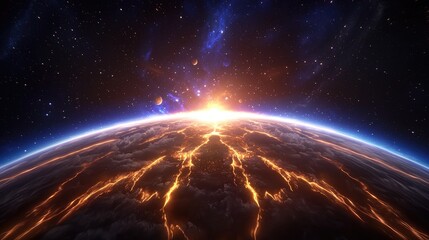 Obraz premium Cosmic eruption igniting the horizon outer space digital art celestial environment aerial view energy concept