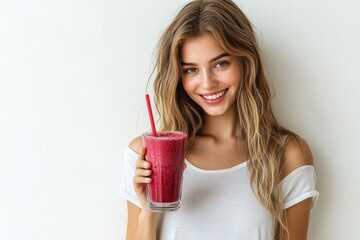 A young woman with long blonde hair smiles while holding a delicious red smoothie.