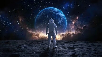 Fototapeta premium Astronaut exploring moon surface outer space digital art cosmic landscape rear view adventure and discovery